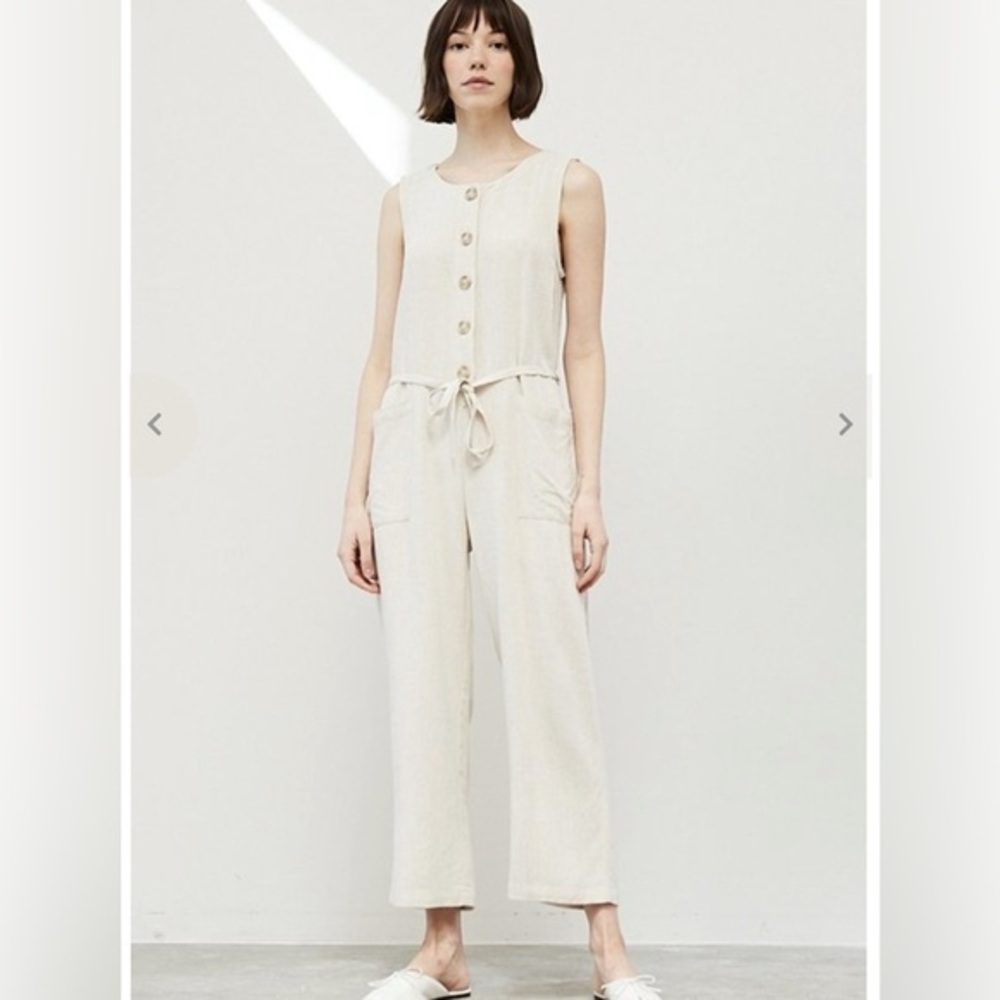 Grade & Gather Linen Blend Sleeveless Button-Front Jumpsuit Beige Sz Small